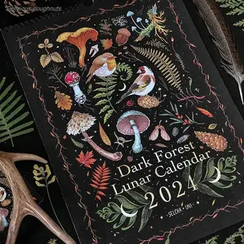 12 x 8 дюймов Лунный календарь темного леса на 2024 год содержит 12 оригинальных иллюстраций, нарисованных в течение года, 12 ежемесячных красочных