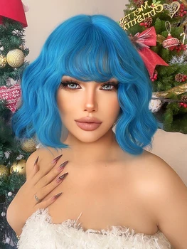 12 дюймов синего цвета синего цвета синтетические парики с челкой короткие натуральные вьющиеся волосы парик для женщин косплей drag queen вечеринка термостойкий
