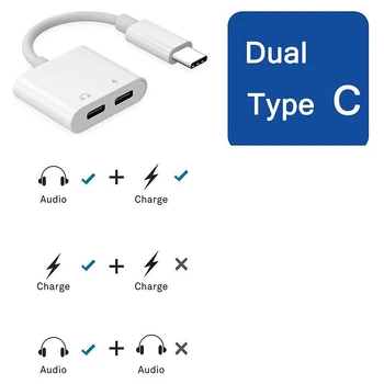 2 в 1 Двойной адаптер для наушников Type-C USBC Splitter Jack AUX Audio Charging Converter для Huawei Samsung Xiaomi