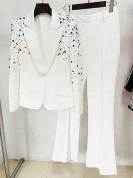 2023 Весенний шик OL Костюмы Модные женские высококачественные блейзеры с белыми бриллиантами Куртки + брюки Набор из двух частей C179