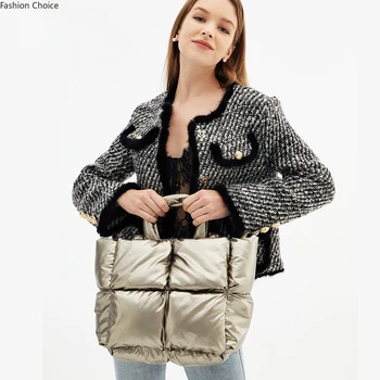2023 Модная пуховая сумка Хлопковая куртка Женская сумка-шопер Минималистичная космическая сумка Однотонная мягкая клетчатая сумка через плечо