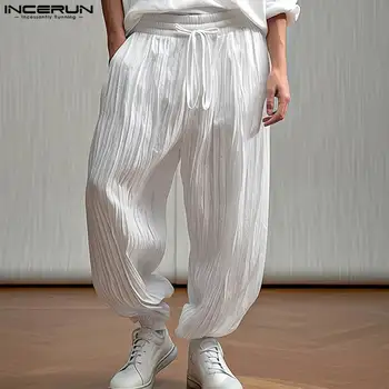 2024 Мужские брюки Однотонный плиссированный шнурок Свободные джоггеры Мода Тонкие брюки Мужская уличная одежда Повседневный Pantalon S-5XL INCERUN