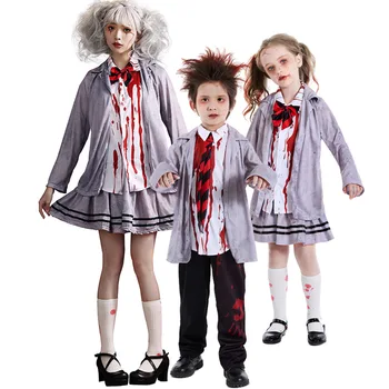4-16T Дети Ужасы Страшный Кровавый Студент Зомби Вампир Костюмы для девочек Мальчики Хэллоуин Вечеринка Косплей Маскарадный костюм