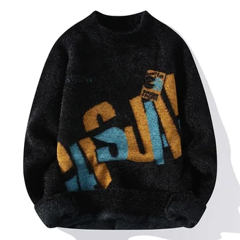 #5904 Teeenager Мужской свитер Буквы Harajuku Streetwear Хип-хоп свитер Обтягивающий трикотажный пуловер из мохера Теплый Черный, Белый, Синий 