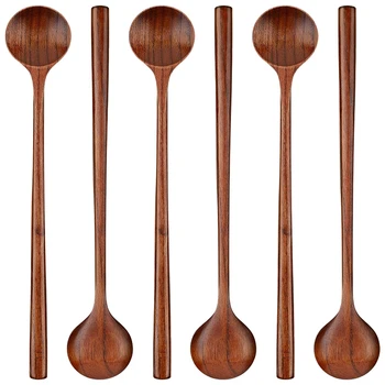 6 штук Деревянные длинные ложки Круглые ложки с длинной ручкой Суповые ложки в корейском стиле для приготовления супа Смешивание Перемешивание Кухня