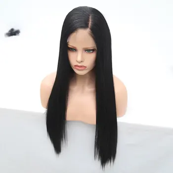  Bombshell Черный шелковистый прямой синтетический 13X4 Кружевные передние парики Бесклеевые высококачественные термостойкие волосы из волокна для женщин