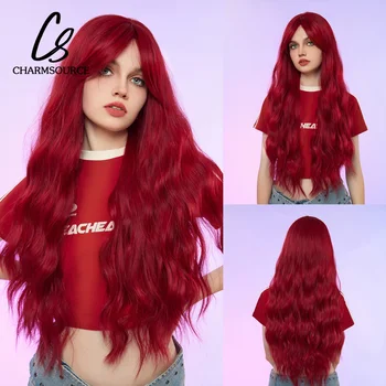 CharmSource Длинный волнистый парик красный с длинной челкой Темный корень Синтетические парики для женщин Косплей Вечеринка Носить Термостойкий