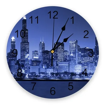 Chicago Nightscape Настенные часы Современный дизайн Украшение гостиной Кухонные часы Немой настенный декор