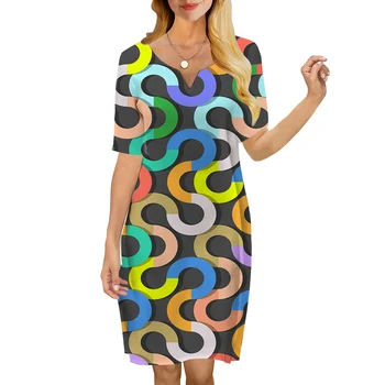 CLOOCL Новейшее женское платье Красочные бесконечные линии Шаблон 3D-печатный V-образный вырез Повседневный с коротким рукавом Платье до колен Прямая юбка
