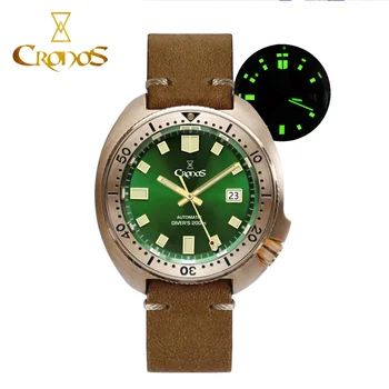 Cronos L6006 Бронзовые часы для дайвинга 200M Водонепроницаемый PT5000 Автоматический механический сапфировый зеленый свет Светящийся циферблат Кожаный ремешок