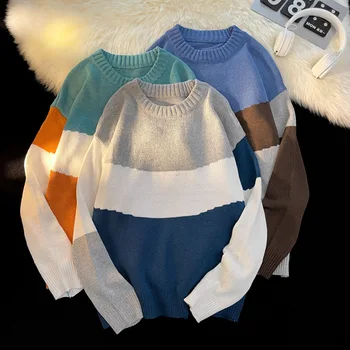 EBAIHUI Контрастный цвет Мужской свитер Свободный корейский вариант Мужской трикотаж Осень и зима Новый пуловер с круглым вырезом