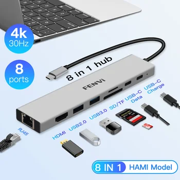 FENVI 8-В-1 USB C HUB Тип C Док-станция 4K 30 Гц 5 Гбит/с Высокоскоростная передача USB 3.0 Концентратор Macbook Aire M1 iPad RJ45 HDMI