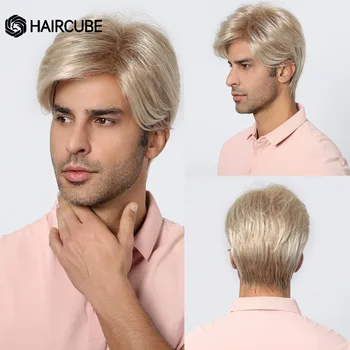 HAIRCUBE Короткие мужские светлые светлые многослойные синтетические парики Парики из натуральных искусственных волос для зрелых парней Парик для вечеринок на Хэллоуин