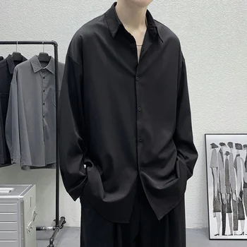 Ice Silk Рубашки с длинным рукавом Мужская мода Твердый Плюс размер 3XL Социальный Повседневный Красивый Корейский Досуг Базовый Простой Человек Camisa
