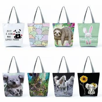 Kawaii Koala Rabbit Elephant Panda Print Повседневная сумка для покупок через плечо Симпатичные животные высокой емкости Портативные сумки-тоут для женщин