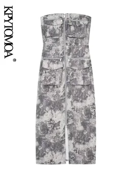 KPYTOMOA Женская мода с карманами спереди на молнии Платье-карго с принтом Сексуальные женские платья без бретелек с прямым вырезом Vestidos Mujer