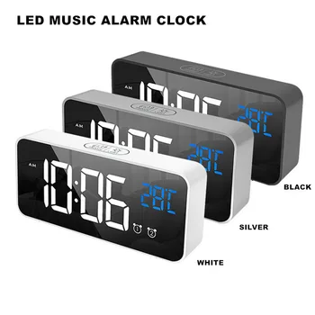 LED Зеркальные часы Будильник Звуковые часы Дисплей температуры Цифровые часы Перезаряжаемые музыкальные часы с 2 будильниками