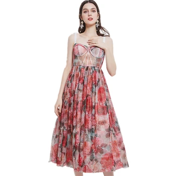 LUKAXSIKAX 2023 Новое летнее женское сексуальное платье на бретелях Высококачественное дизайнерское платье в стиле ретро с принтом цветов большого подола элегантное тонкое длинное платье