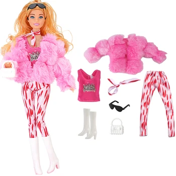 NK 1 Набор Ролевая игра OL Розовый набор для куклы: пальто + топ + шарф + солнцезащитные очки + красные клетчатые брюки + сапоги + сумка для куклы Барби Игрушки