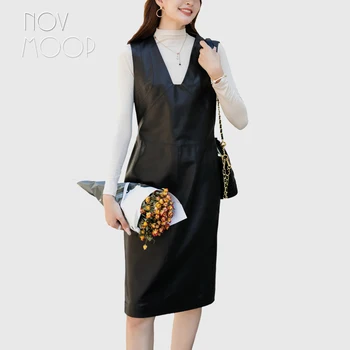 Novmoop натуральная кожа женское платье элегантная офисная дама повседневная одежда длина до колена feminen Vestido de cuero LT3496