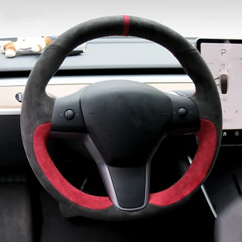 Real Alcantara Custom Автомобильный чехол на рулевое колесо для Tesla Model 3 Y 2016-2021 Аксессуары для интерьера Автомобильный стайлинг
