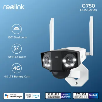 Reolink Duo Series G750 4G LTE 180° Панорамная камера с двумя объективами, 2K + 6MP Super HD, аккумуляторная батарея или солнечная батарея