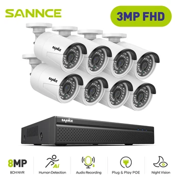 SANNCE 10CH H.265+ Видеорегистратор NVR Recorder HD PoE 3MP Цилиндрическая камера Водонепроницаемая система камер ночного видения