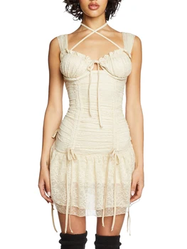 Scriardv Женское мини-платье без рукавов с оборками и кружевной отделкой - Кокетливое облегающее платье А-силуэта с квадратным вырезом - Однотонный цвет