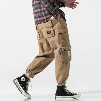 Spring New Men's Trend Loose Korean Version Solid Color All-match Casual Fashion Spliced Pocket Elastic Waist Youth Cargo Pants