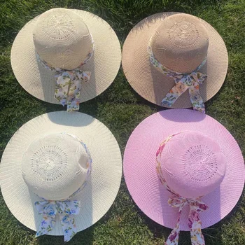 Summer Новые широкополые гибкие соломенные шляпы для женщин Цветочные аксессуары Женские летние пляжные шапки из рафии Панама Рыбацкая шляпа