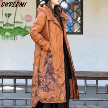 SWREDMI Зимняя женская длинная куртка из пухового пуха Свободные пальто оверсайз с капюшоном Женская осенняя теплая снеговая верхняя одежда S-2XL
