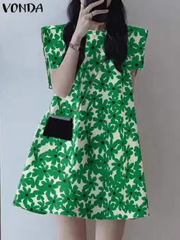 VONDA Летнее мини-платье 2023 Женщины Богемный Элегантный Пышный Рукав Цветочный Принт Сарафан Мода Повседневная Вечеринка Уличная одежда Vestido