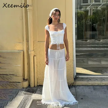 xeemilo Элегантная кружевная майка в стиле пэчворк с длинными юбками с заниженной талией и шнурками Летние французские нежные женские наборы из 2 предметов