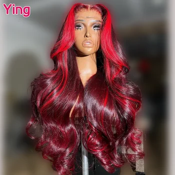 Ying Hair Highlight Вишнево-красный, предварительно выщипанный с детскими волосами 13x6 Прозрачный кружевной парик спереди 180% Body Wave 13x4 Кружевной передний парик
