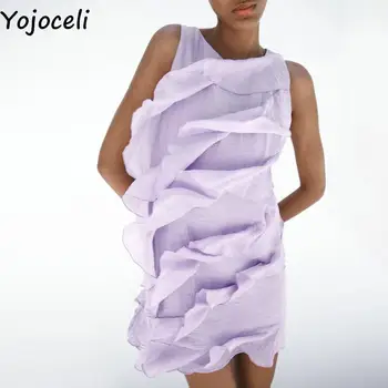 Yojoceli Женское платье без рукавов с рюшами и вырезом Короткое элегантное повседневное пляжное прямое платье Летнее сексуальное фиолетовое короткое платье