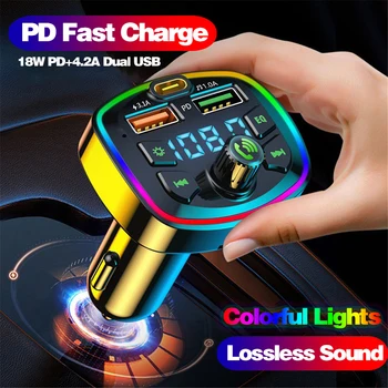Авто Bluetooth Прикуриватель Радио FM Передатчик PD 18 Вт Type-C Двойной USB 3.1A Красочное зарядное устройство с окружающим освещением MP3 Музыкальный плеер