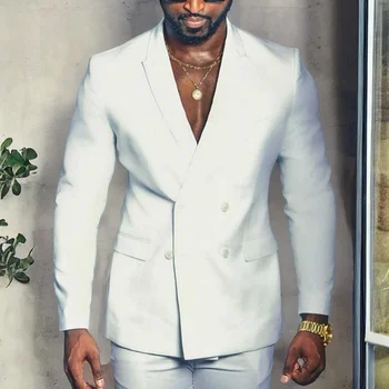  Африканский стиль Белые двубортные мужские костюмы для свадебного выпускного вечера Slim Fit 2 шт. Изготовленный на заказ жених Смокинг Куртка с брюками