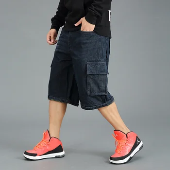 Большие размеры Мужские хип-хоп Широкие джинсы Летние свободные джинсовые шорты Мешковатые укороченные брюки с несколькими карманами Мужские