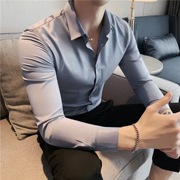  Брендовая одежда Мужчины Весна Высокое Качество Бизнес Рубашки с длинными рукавами / Мужские Slim Fit Модные офисные рубашки Большие размеры M-4XL