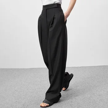 Весна-лето Черные женские офисные брюки Женские брюки с высокой талией Карманы Женские плиссированные широкие брюки Твердые 2022