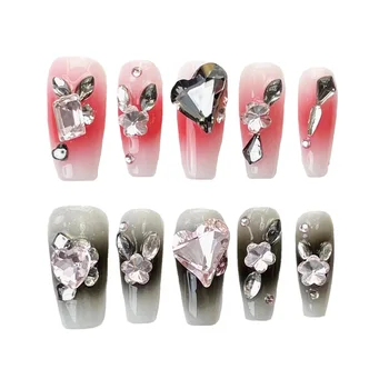 Двойной Цветной Пресс На Ногтях Накладные Ногти С 3D Любовью Сердце Кристалл Рисунки Клей На Ногтях Женщины Девушки DIY Маникюр Маникюр Искусственный Ноготь