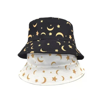 Двусторонние шляпы-ведра Женщины Мужчины Звезды Солнцезащитный крем с принтом луны Рыбак Кошка Складной Hip Bop Хлопковая панама Весна Лето