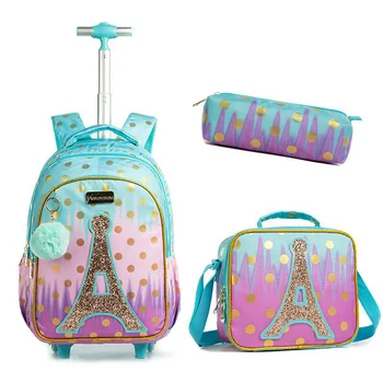 Детский набор школьных сумок с колесами Сумка-тележка с сумкой для ланча Рюкзак школьников-подростков Рюкзак на колесиках для девочек