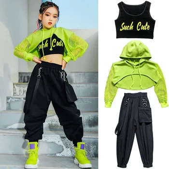 Джазовый костюм Хип-хоп одежда для девочек Зеленые топы Сетчатый рукав Черный хип-хоп брюки для детей Выступление Современная танцевальная одежда