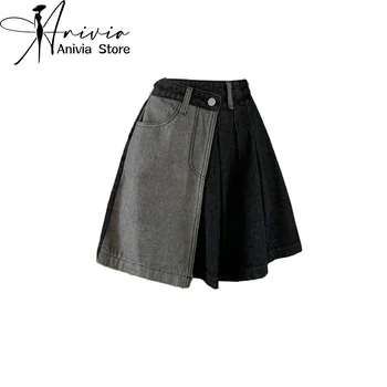 Женская весна/лето High Street Denim Короткая юбка Правила сращивания Серый Черный Синий Y2K Design Повседневная американская короткая юбка в стиле ретро