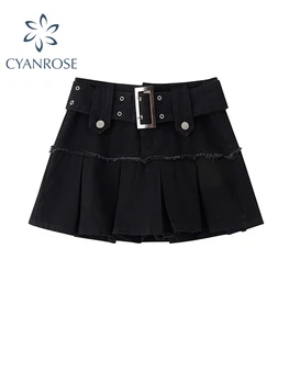 Женская джинсовая юбка Y2k Летняя черная готическая юбка Harajuku Корейская мода Винтаж Кавай Плиссированная юбка А-силуэта с поясом