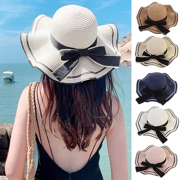 Женская дышащая пляжная шляпа для путешествий на открытом воздухе Женская шляпа от солнца Волнистый бант Соломенная шляпа Модные складные солнцезащитные кепки