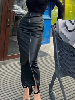 Женская черная юбка из искусственной кожи, юбки-карандаш с высокой талией, винтажная уличная одежда в стиле гранж, молния, разрезное облегание, офисная длинная юбка, 2