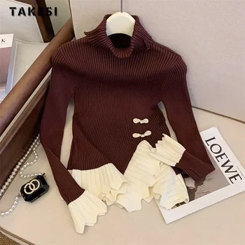 Женские винтажные вязаные пэчворк с длинным рукавом повседневные пуловеры 2023 Зимняя водолазка Женский облегающий женский свитер Топ