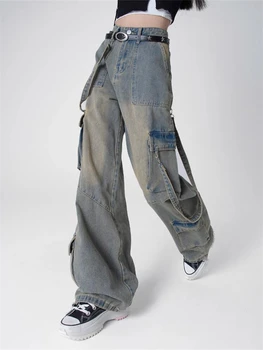  Женские джинсы-карго с несколькими карманами и широкими карманами, винтажные американские уличные повседневные брюки, женские прямые джинсовые брюки с высокой талией